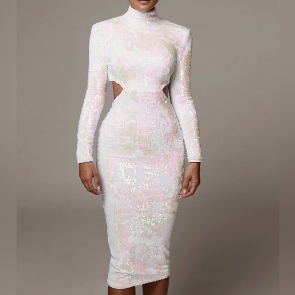 JLUXLABEL White Iridescent Sequin Long Sleeve Cutout Midi Dress